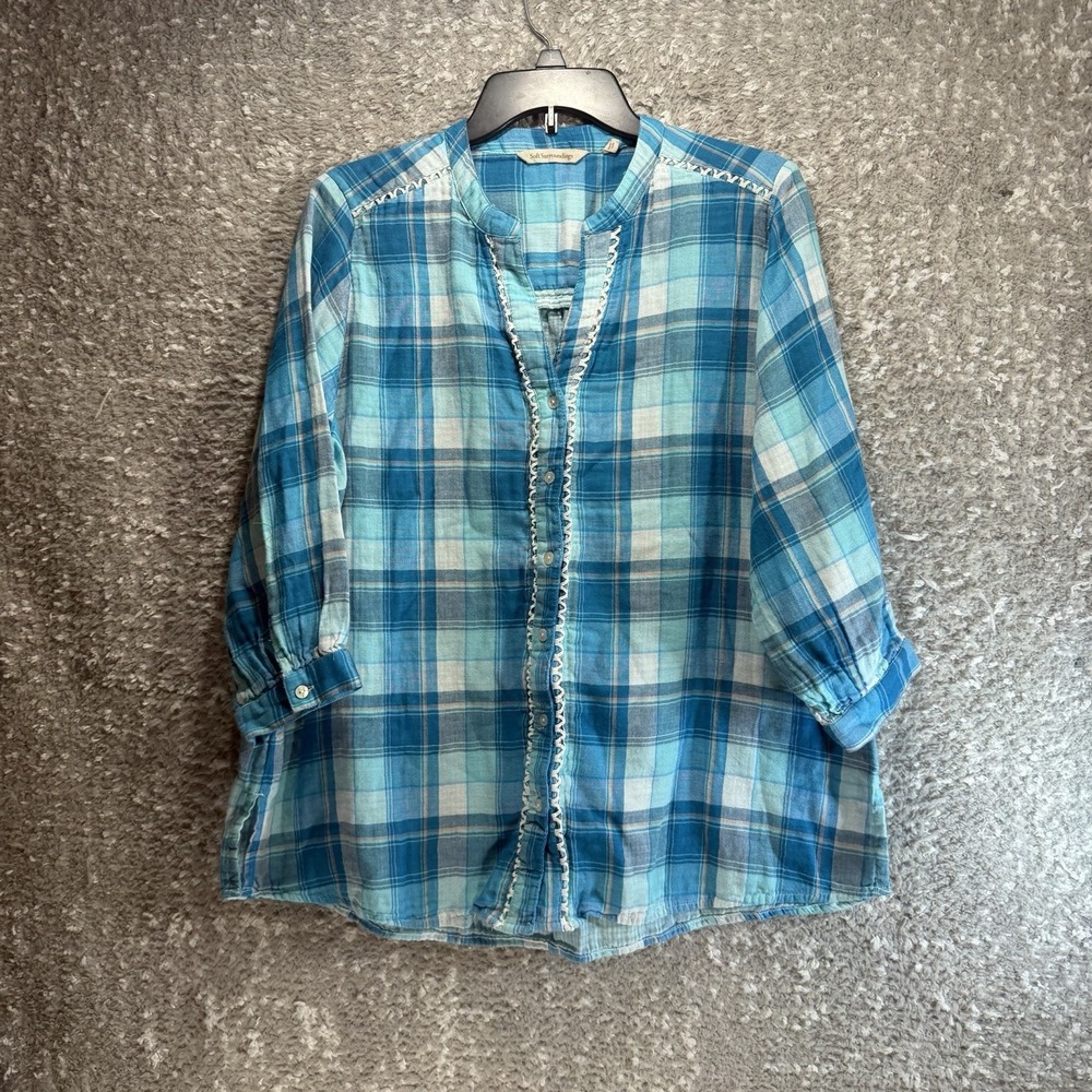 Soft Surroundings Button Up 3/4 Sleeve Plaid Shirt Petite XL Western Boho Casual